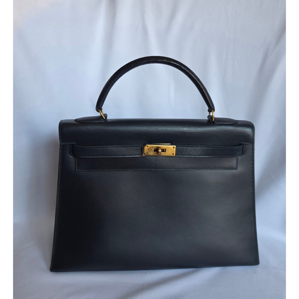US Based Hermes Vintage Kelly 32 Navy Box Leather Handbag Bag Goldhardware GHW
